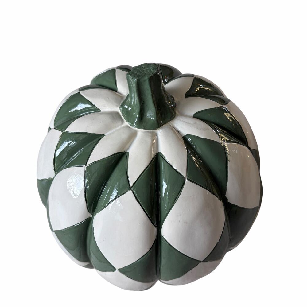 Green & White Checkered Pumpkin 10in Ceramic Chic Fall Home Decor New - Picture 3 of 15